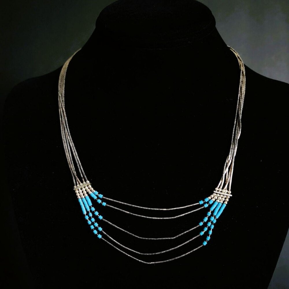 Vintage Sterling Silver and Turquoise Heishi Necklace Navajo Southwestern Boho